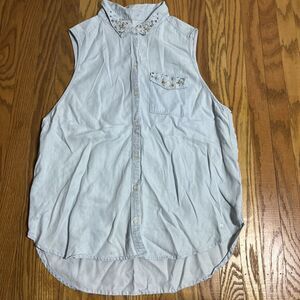 Abercrombie & Fitch Womens Sleeveless Bedazzle Shirt Sz L Button-Up Chambray